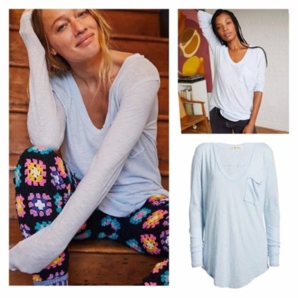FREE PEOPLE Betty Long Sleeve Slub Tee - Sky (Blue) NWT XS - Picture 1 of 4